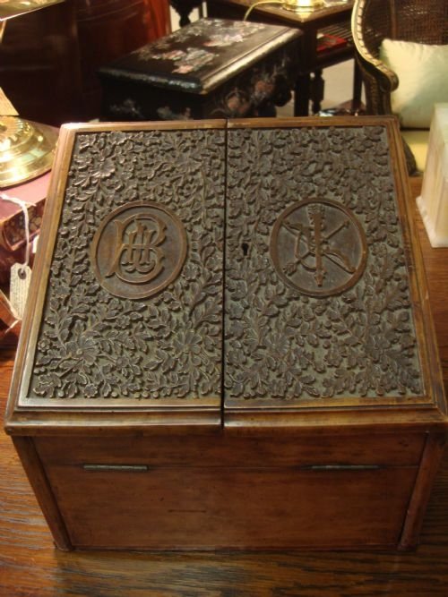 19th century continental unusual walnut stationery box with secret drawer