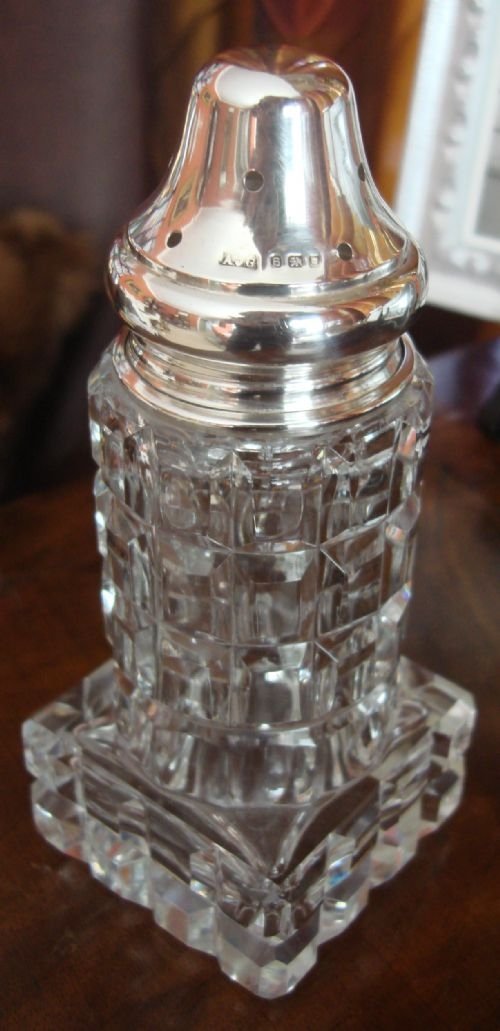 london 1937 unusual art deco period cut glass and solid silver lighthouse form sugar caster