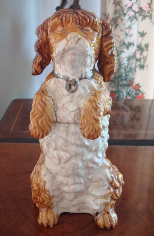 early 20th century large majolica eichwald tobacco jar figure of begging dog
