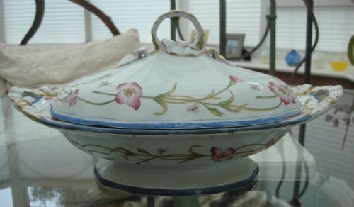 circa 1869 lovely victorian porcelain covered tureen dish on pedestal hand painted with insects and flowers