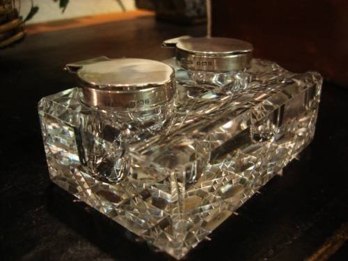 birmingham 1902 solid silver and cut glass double inkstand