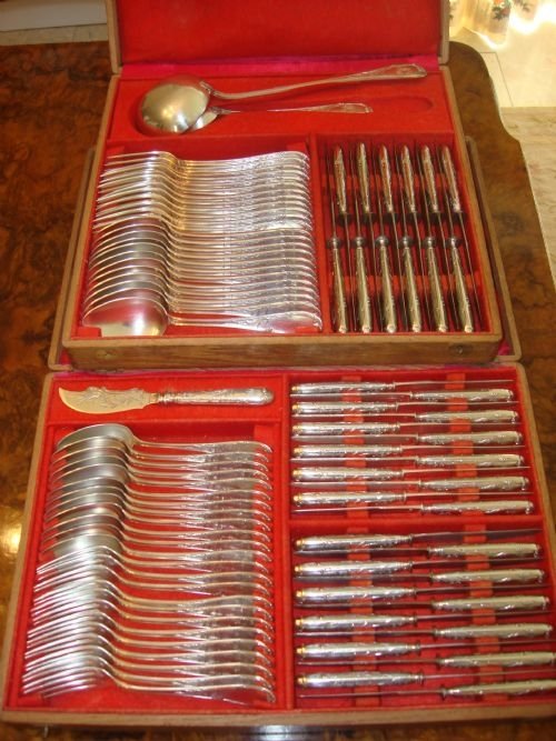 circa 1897 rare 1st standard solid silver french complete 87 piece cutlery canteen for 12 people in two original fitted oak boxes made in paris by charles murat
