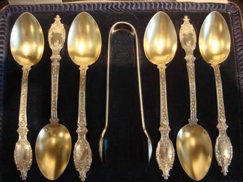 19thc set of french elegant solid silver hallmarked teaspoons in fitted case