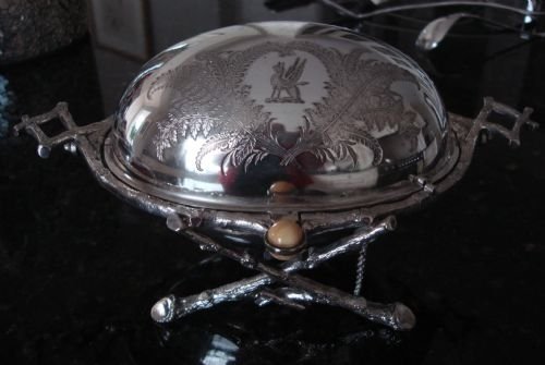 victorian sheffield plate unusually small revolving butter dish with naturalistic stand and engraved fern design in the aesthetic style
