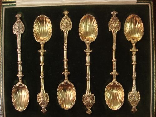 19thc unusual continental cast gilt set of six coffee spoons in original fitted case