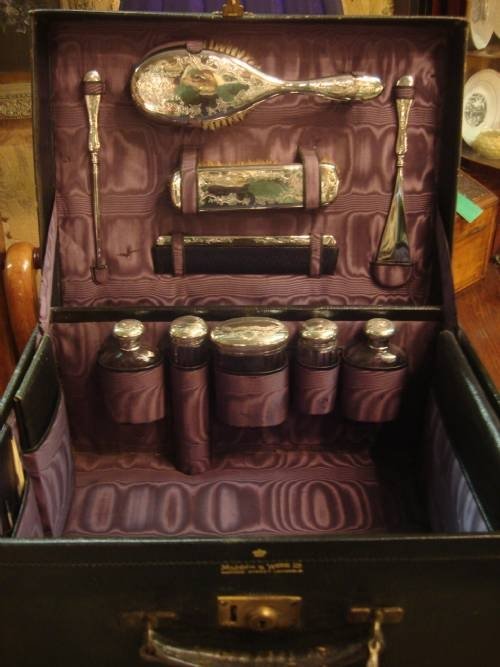 london 1910 solid silver rare original and complete travelling vanity or dressing case by famous maker mappin and webb in fitted leather case or box
