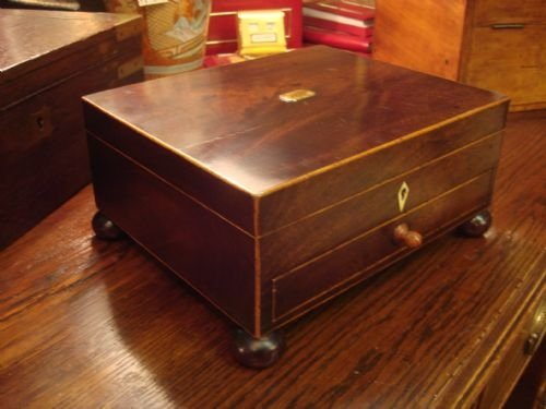 georgian period lovely english mahogany workbox with drawer boxwood banding brass cartouche and ivory escutcheon