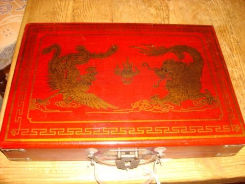 20thc complete bone and bamboo mah jong set in red lacquered and gilt embellished box