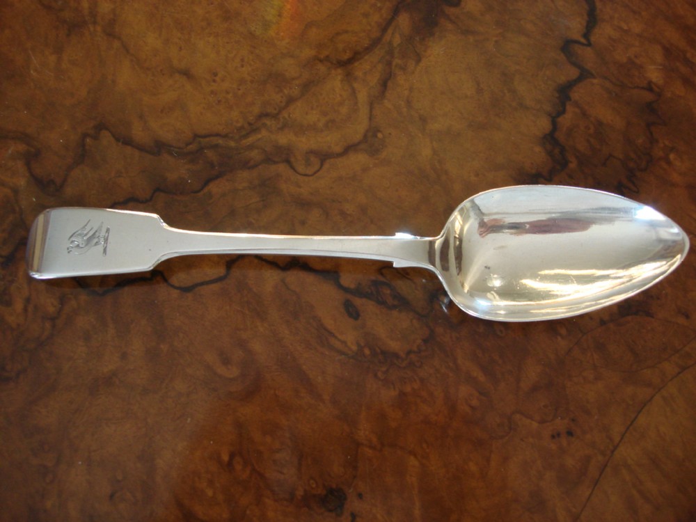 wonderful irish solid silver dublin 1834 hallmarked large table spoon with great winged bird family armorial