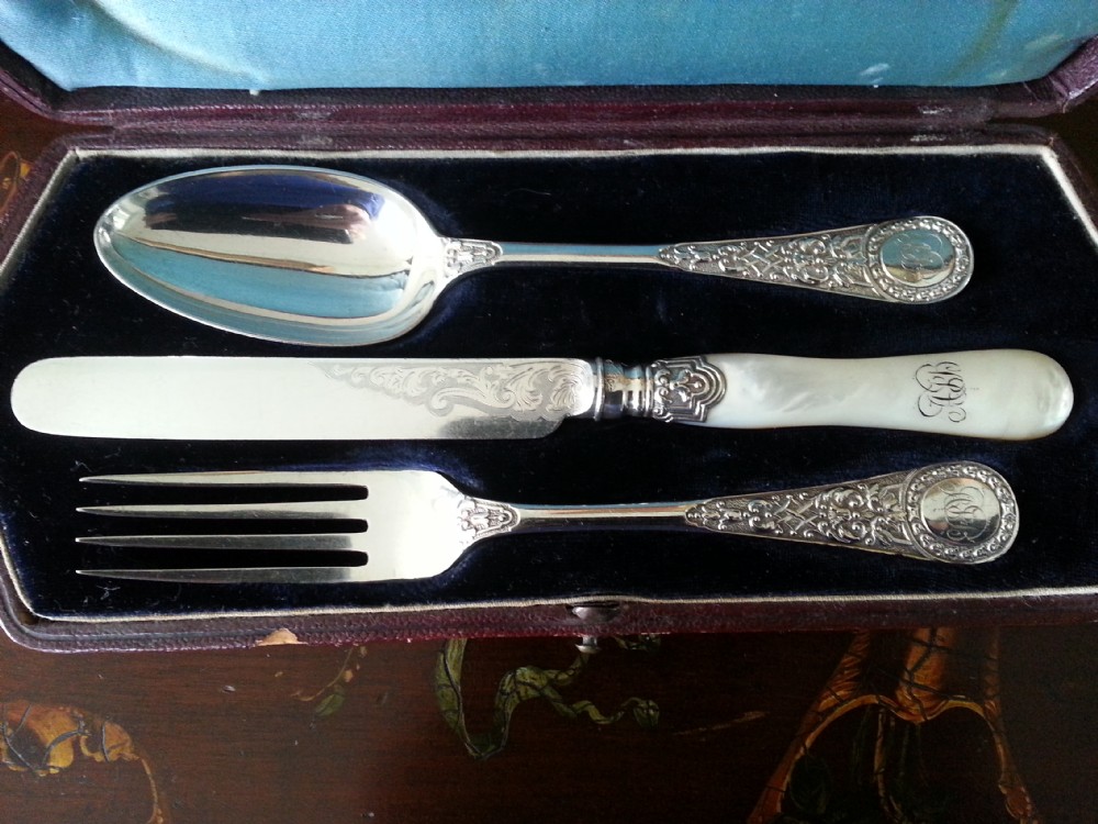 dated 1876 a victorian 3 piece superbly crafted silverplate and mother of pearl childs 3 piece cutlery set in the original fitted case